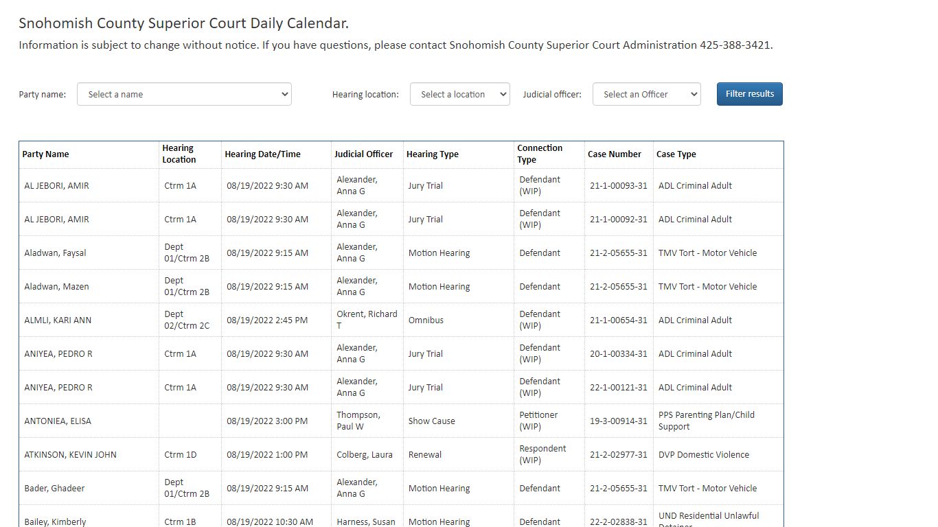 Snohomish County Superior Court Daily Calendar.